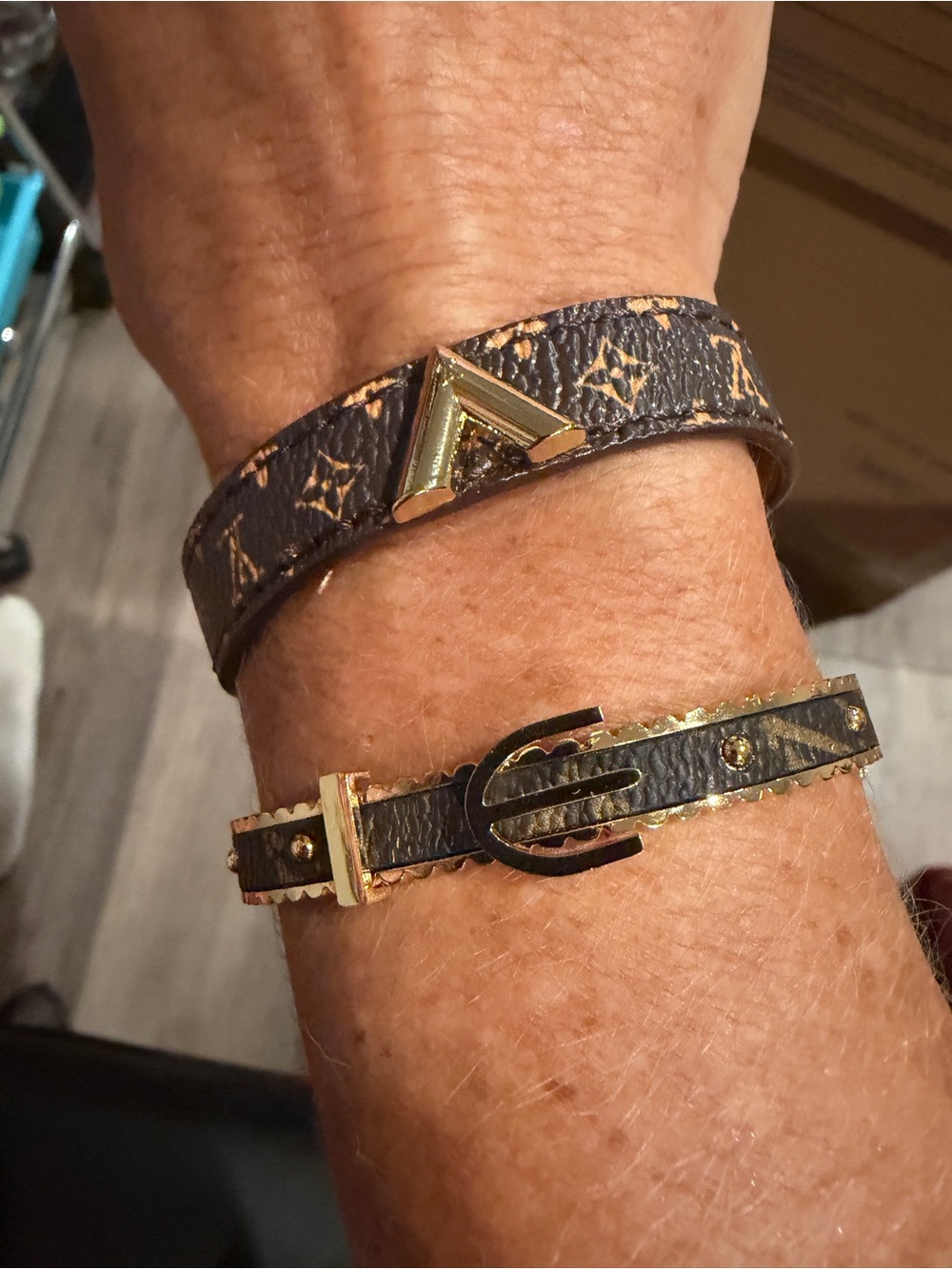 Brown Monogram Wrap Bracelet with Bangle -Gold Accent-Stack